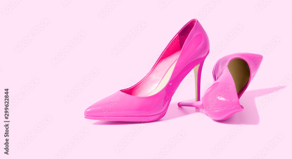 Woman Shoes Banner. High heels closeup. Top view. Women fashion. Ladies  accessories. Girly casual formal shoe isolated. pink background. Footwear  on floor. Copy space, mockup. flat lay Selective focus Stock Photo |
