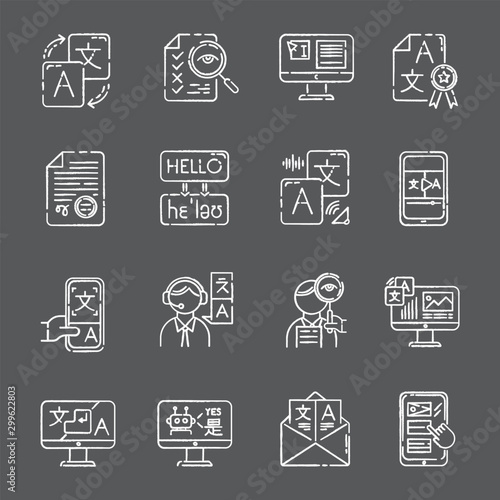 Language translation service chalk icons set. Instant online translation. Audio, video interpretation. Multilingual app, chatbot. Transcription, proofreading. Isolated vector chalkboard illustrations