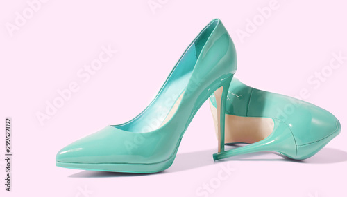 Woman Pink Shoes Banner. High heels closeup. Top view. Women fashion. Ladies accessories. Girly casual formal shoe isolated background. Footwear on floor. Copy space, mockup. flat lay Selective focus