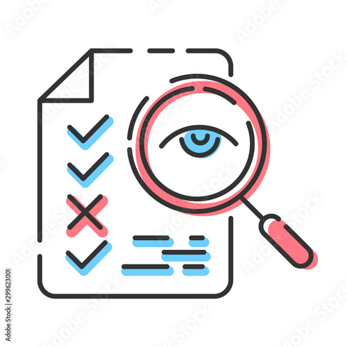 Professional proofreading service color icon. Text editing, mistake correction. Document quality control. Magnifier with checked list points. Isolated vector illustration