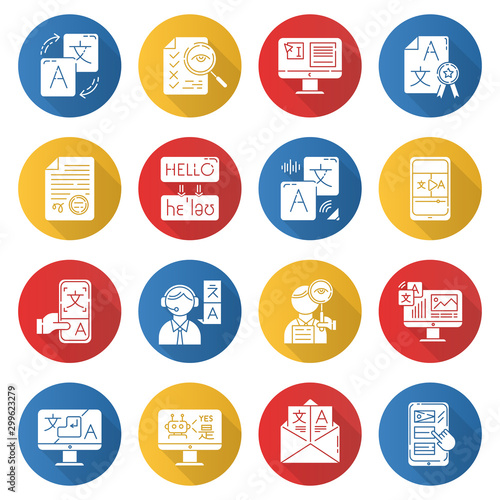Translation service flat design long shadow glyph icons set. Instant online translation. Audio, video interpretation. Multilingual chatbot. Transcription, proofreading. Vector silhouette illustration