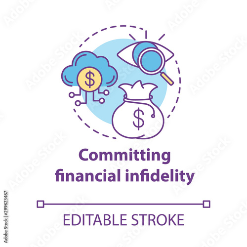 Committing financial infidelity concept icon. Dishonesty about money with partner. Financial decision secretly from family idea thin line illustration. Vector isolated outline drawing. Editable stroke