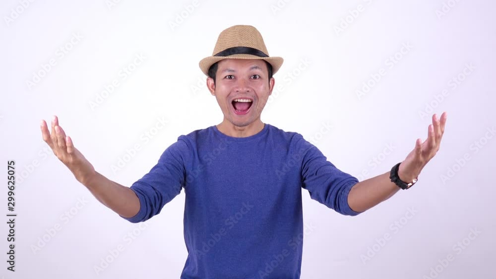 Come on choosing a promotion. Asian Thai tourist action on white background Come on choosing a promotion. Asian Thai tourist action on white background