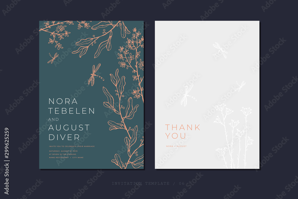 Wedding invitation template with floral decoration. Design rsvp card with romantic flowers and dragonflies. Invitation ticket for a celebration with a place for an inscription. Vector illustration. - obrazy, fototapety, plakaty 