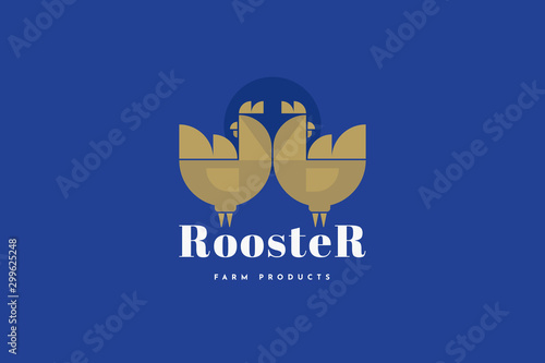 Silhouettes of two roosters on blue background. Logo template for chicken farm and farm products. Emblem can be used for packaging design, menus, decoration in markets and butcher shops.  Vector.