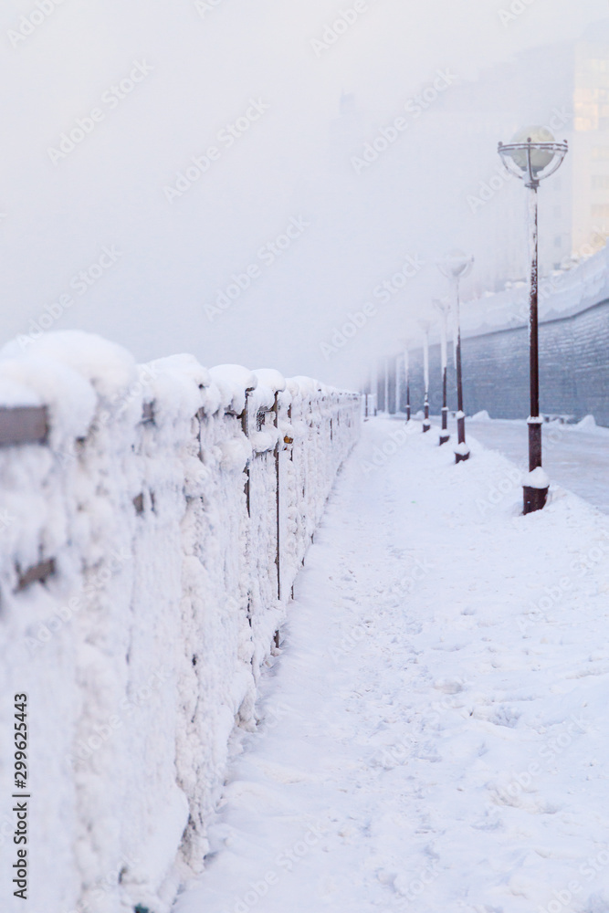 Winter landscape of frosty trees, white snow in city park. Trees covered with snow in Siberia, Irkutsk near lake Baikal. Extremely cold winter Winter landscape of frosty trees, white snow in city park. Trees covered with snow in Siberia, Irkutsk near lake Baikal. Extremely cold winter