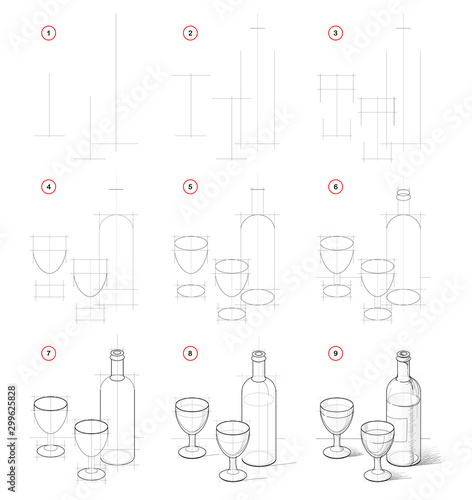 How to draw still life with bottle of vine and glasses. Creation step by step pencil drawing. Educational page for artists. School textbook for developing artistic skills. Hand-drawn vector image.