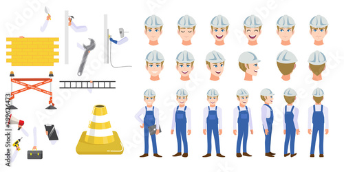 Building construction worker cartoon character head set and animation. Front, side, back, 3-4 view animated character. Flat icon vector illustration