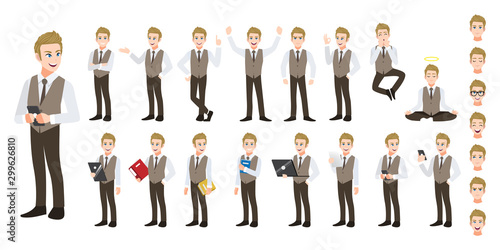 Businessman cartoon character set. Handsome business man in office style smart shirt . Vector illustration