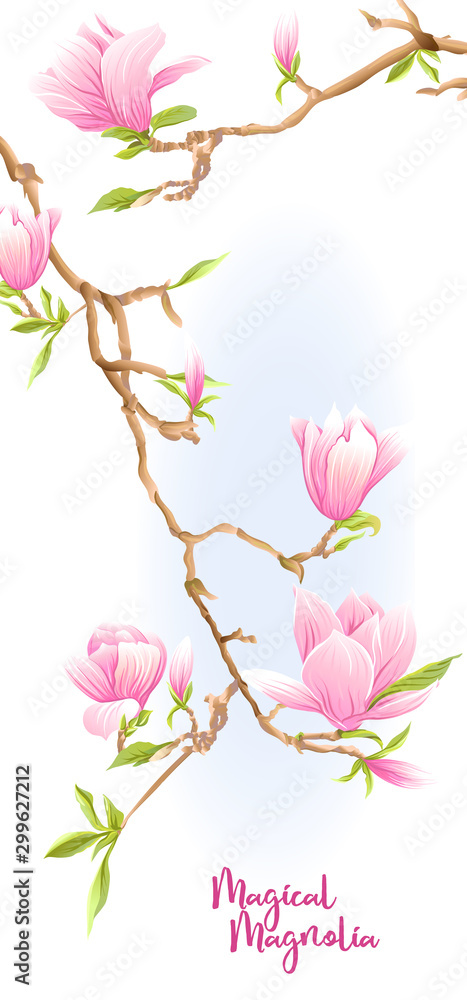 Magnolia tree branch with flowers. Template for wedding invitation, greeting card, banner, gift voucher, label. Colored vector illustration. Isolated on white background..