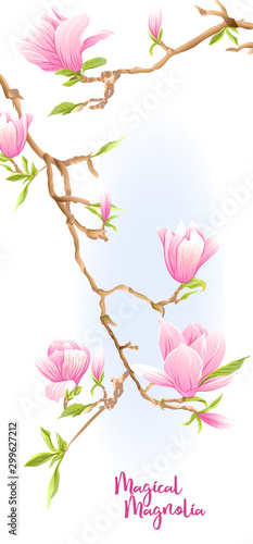 Magnolia tree branch with flowers. Template for wedding invitation  greeting card  banner  gift voucher  label. Colored vector illustration. Isolated on white background..