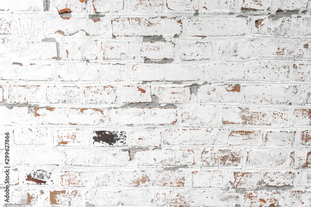 Background of old antique dirty brick wall with peeling plaster and peeling white paint, texture - obrazy, fototapety, plakaty 