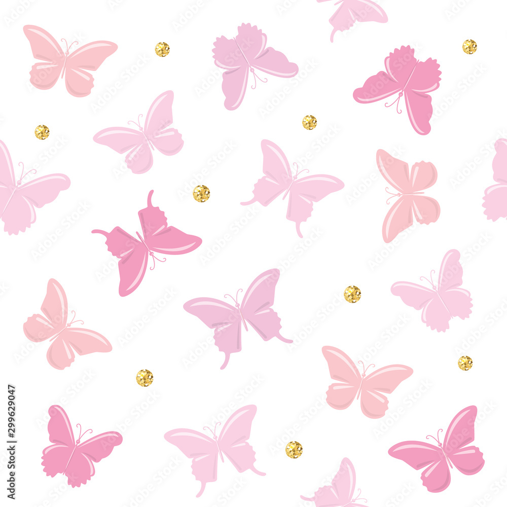 Butterflies with glitter polka dots seamless pattern background. Cute cartoons. Girly. Vector Butterflies with glitter polka dots seamless pattern background. Cute cartoons. Girly. Vector