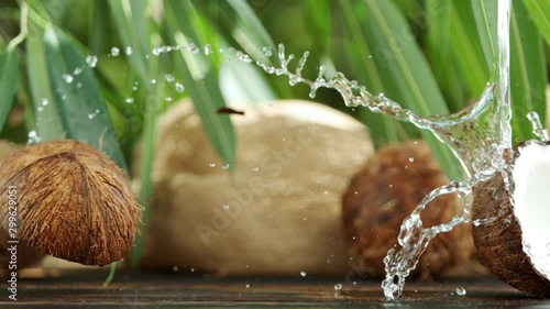 Super slow motion of falling halved coconut with splash, speed ramping effect. Filmed on high speed cinema camera, 1000 fps. photo