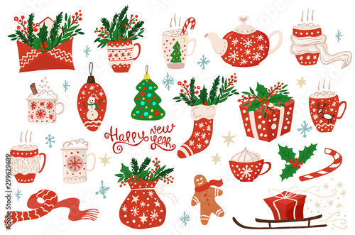 Christmas set - cup of hot drink, teapot, lollipop, gift, cookie, sock, balls. hand drawn style. Vector illustration. Merry Christmas. New Year.