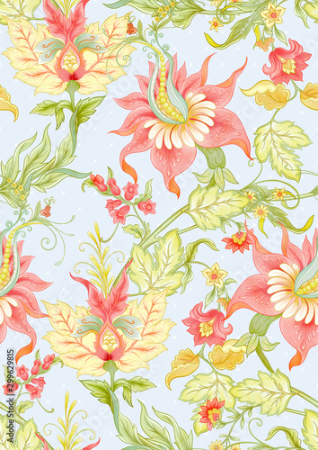 Fantasy flowers in retro  vintage  jacobean embroidery style. Seamless pattern  background. Colored vector illustration