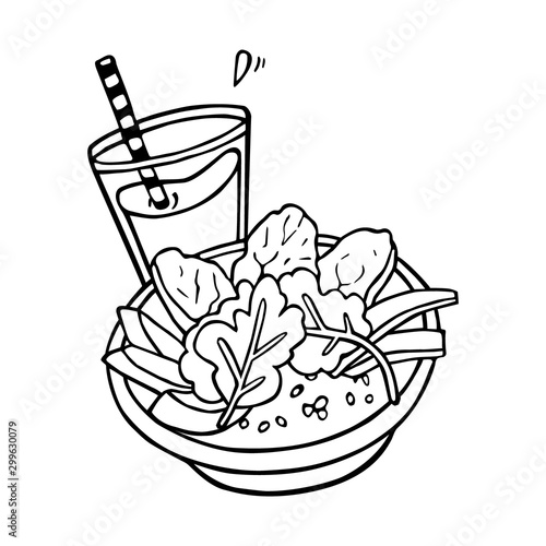 smoothie or juice or cocktail and healthy bowl handdrawn in cartoony style, black artwork isolated on white background, in vector