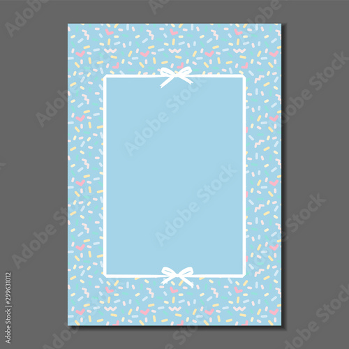 white ribbon and bows frame with pastel colored sweet border. Template for greeting card, invitation, poster, label, etc.