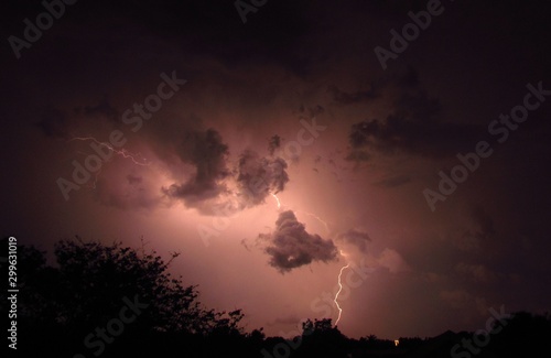 Lightning from cloud to cloud and to ground.