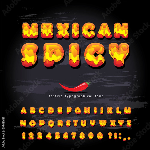 Mexican spicy cartoon font. Hot chili pepper burn decorative letters and numbers set on chalkboard background. Restaurant menu design. Vector
