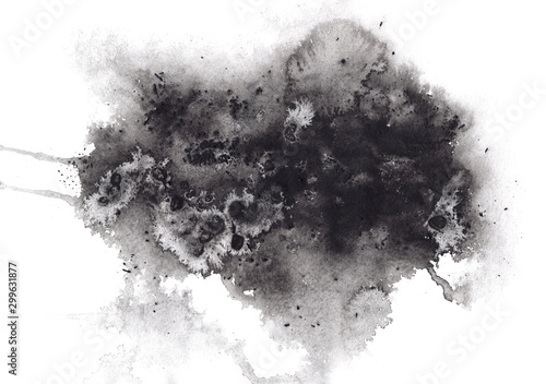 Fényképezés Abstract expressive textured black ink or watercolor stain