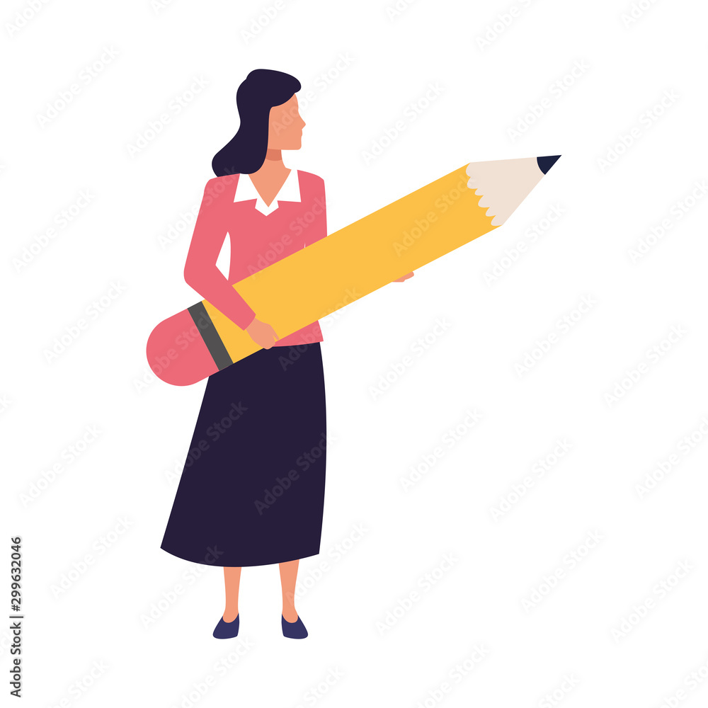 Avatar woman holding a big pencil, flat design Avatar woman holding a big pencil, flat design