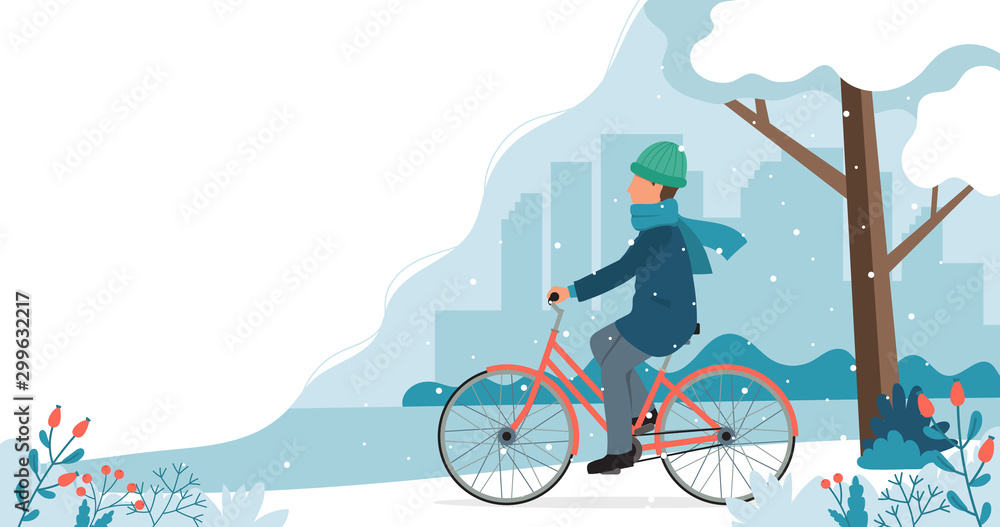 Man riding bike in the park in winter. Cute vector illustration in flat style.