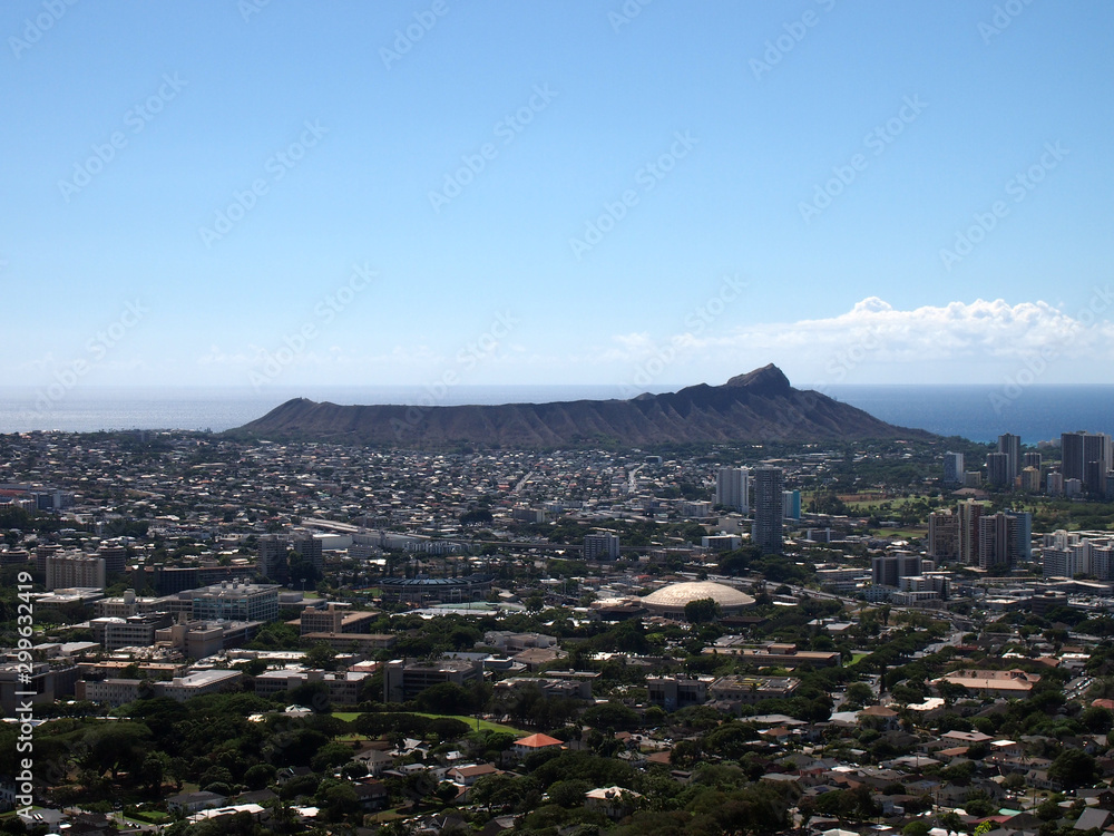 Aerial of city of Honolulu from Diamond Head to Manoa