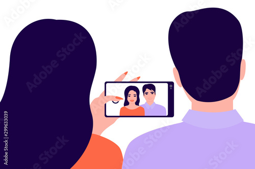 Couple man and woman holding smartphone, back view. Girl taking photo, selfie. Pair photo girl and guy on phone. Vector illustration