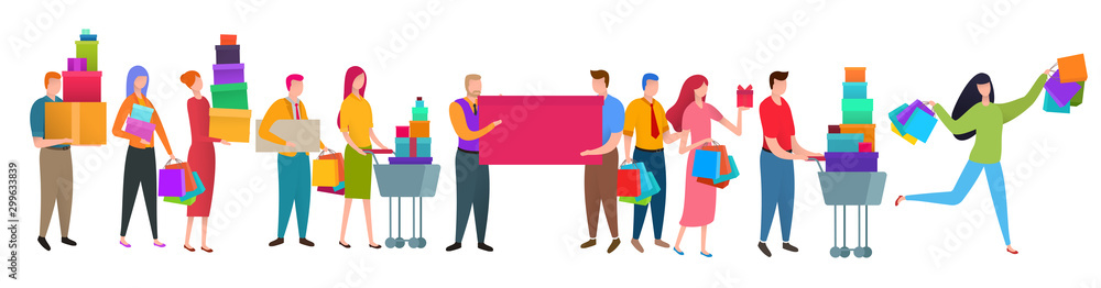 Different cartoon peoples stay or waiting in long queue with purchases isolated on white background. Bright composition with characters in flat style. Vector illustration. Different cartoon peoples stay or waiting in long queue with purchases isolated on white background. Bright composition with characters in flat style. Vector illustration.