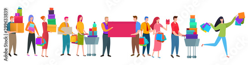 Different cartoon peoples stay or waiting in long queue with purchases isolated on white background. Bright composition with characters in flat style. Vector illustration.