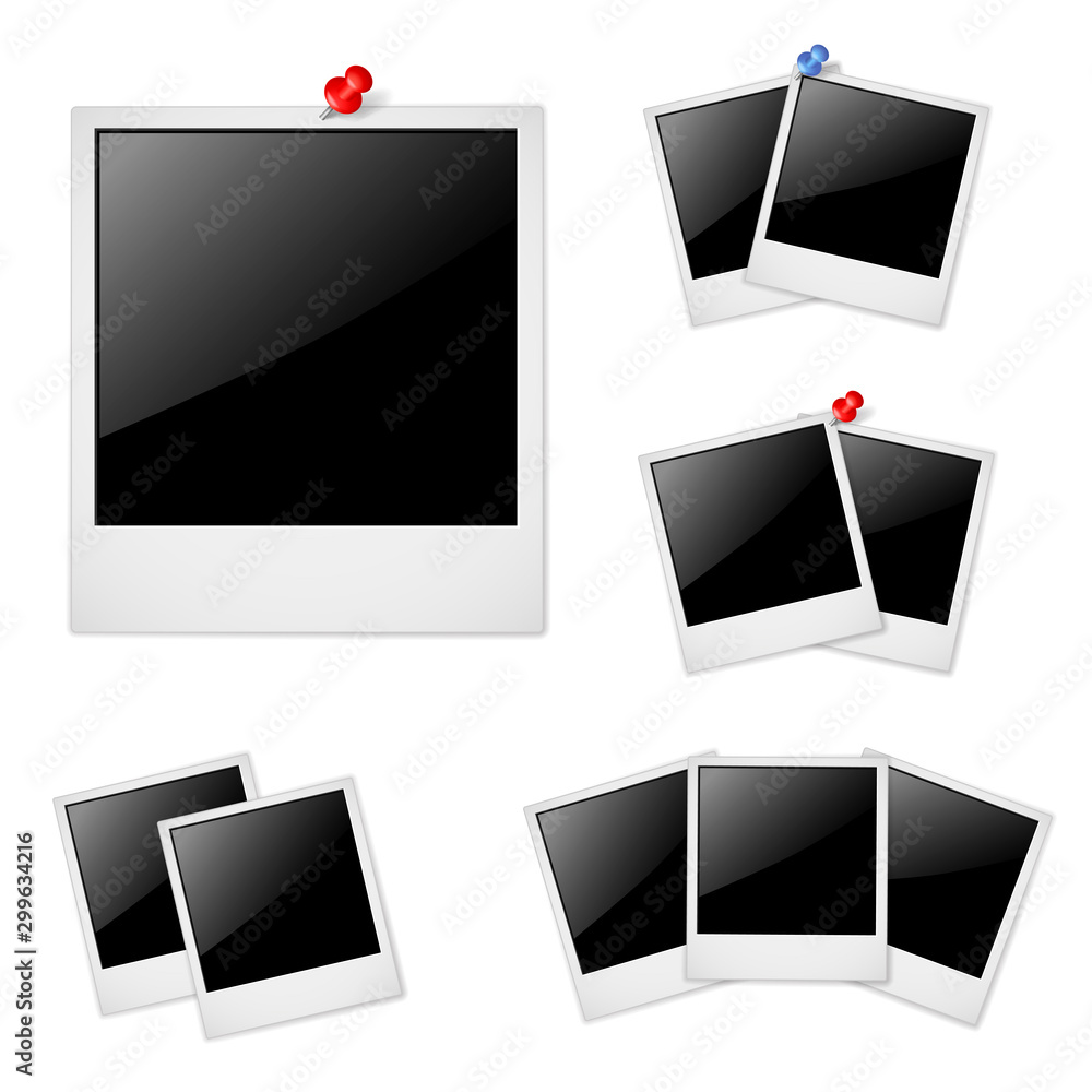 Photo frame isolated on white background with red and blue pin. Photo frame isolated on white background with red and blue pin.