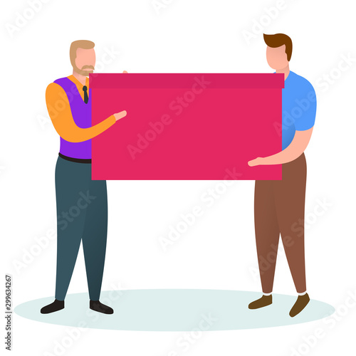 Two men carry big red box. Colorful flat composition with cartoon character isolated on white background. Bright design element for branding shop, market or website.