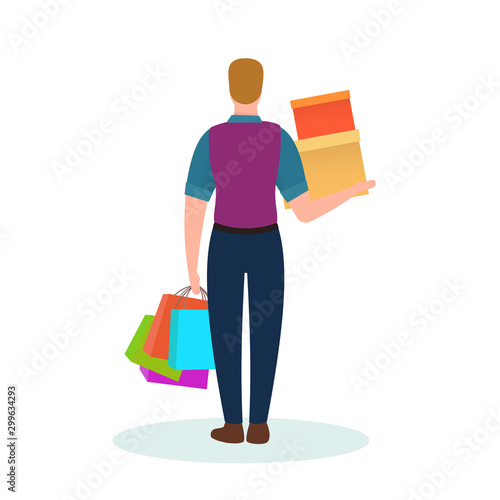 Beautiful man holds shopping bags and boxes. Colorful flat composition with cartoon character isolated on white background. Bright design element for branding shop, market or website. Back view.