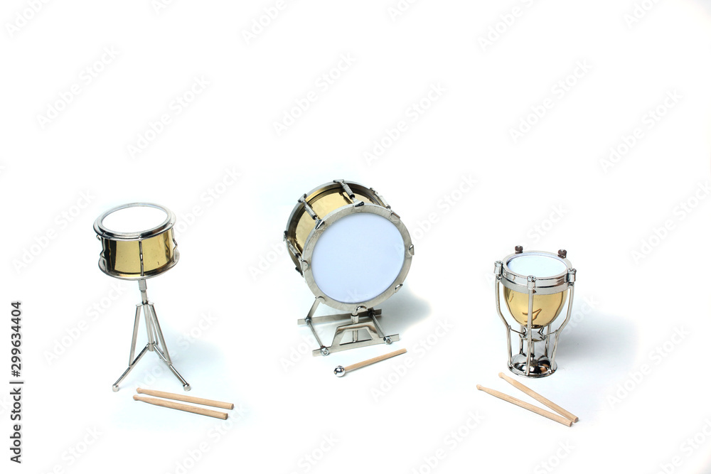 kettledrum, orchestra snare drum and bassdrum isolated on white