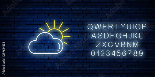 Glowing neon cloudy with sun weather icon with alphabet. Cloud symbol with sunny in neon style to weather forecast
