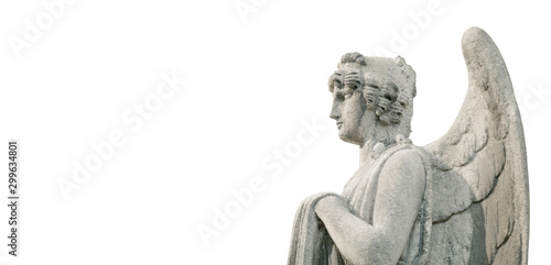 Antique statue of angel  in profile. Isolated on white background.