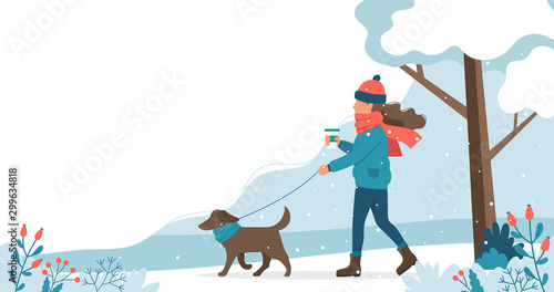 Woman walking the dog in winter. Cute vector illustration in flat style.