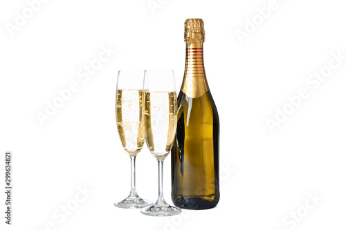 Champagne glasses and bottle isolated on white background