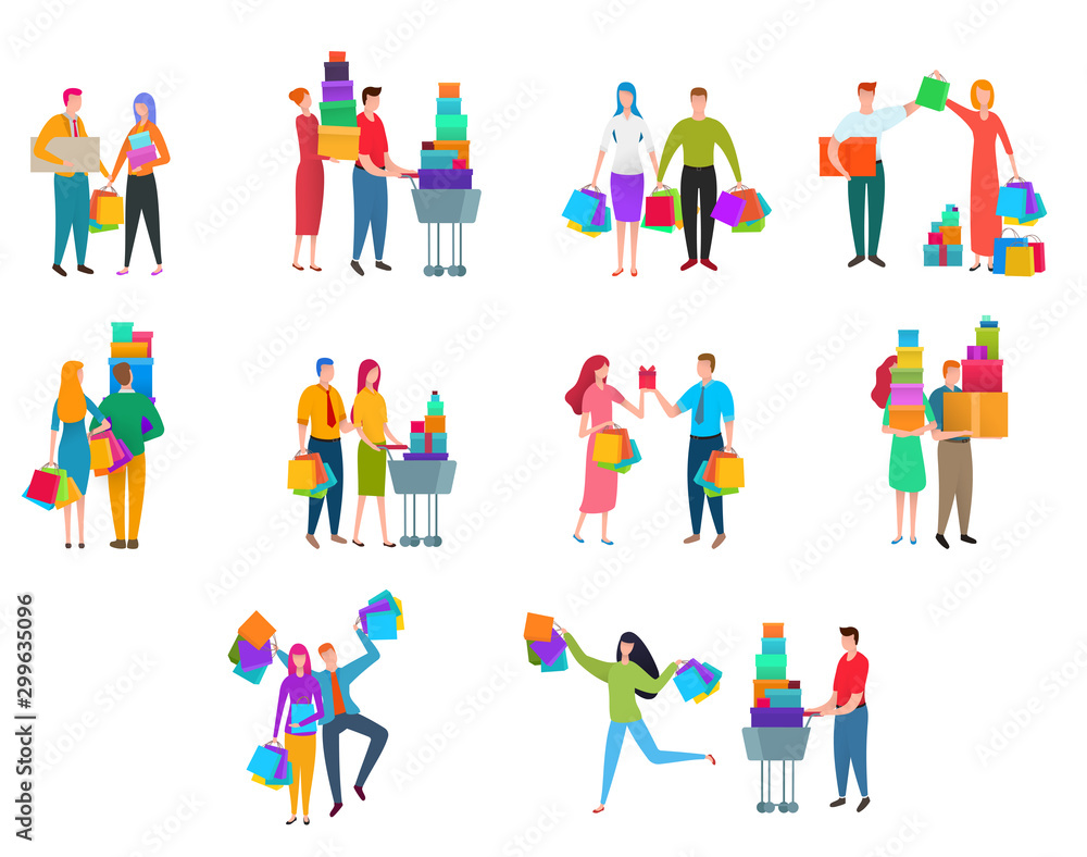 Couples shopping with bags and packages isolated on white background. Composition with beautiful man and woman make various purchases on store in cartoon flat style. Vector colorful illustration.
