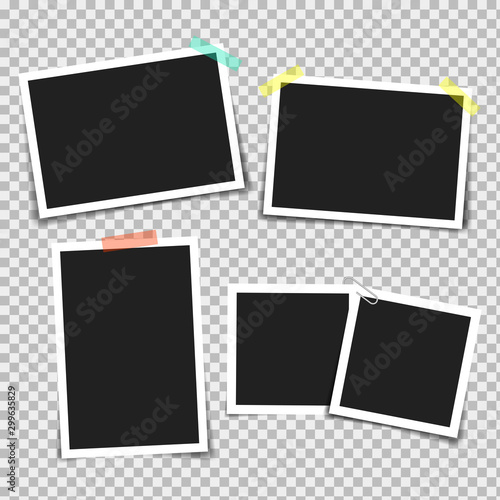 Photo frame with adhesive tape of different colors and paper clip. Photo realistic vector makeup of different size on transparent background