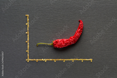 Single red dried banana pepper on gray background with graph lines drawn with pepper seeds