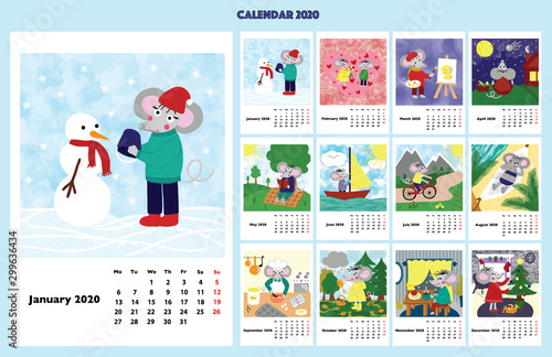 Children calendar 2020 for whole year, with main hero rat or mouse, a symbol of the new year. The week starts on Monday. Cartoon style digital drawing, vector