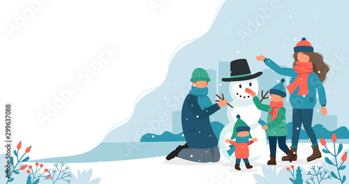 Family making a snowman in winter. Cute vector illustration in flat style.
