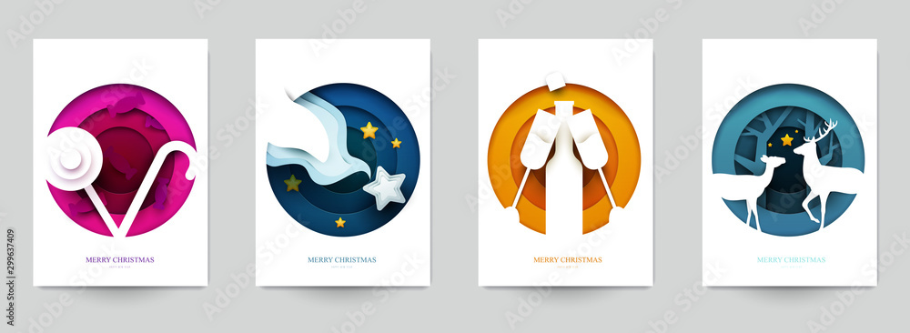 Set background for covers, invitations, posters, banners, flyers, placards. Minimal template design for branding, advertising with winter christmas composition in paper cut style. Vector illustration. - obrazy, fototapety, plakaty 