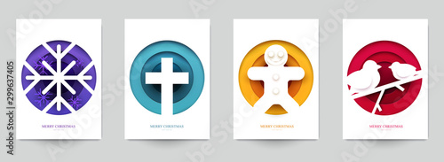 Set background for covers, invitations, posters, banners, flyers, placards. Minimal template design for branding, advertising with winter christmas composition in paper cut style. Vector illustration.