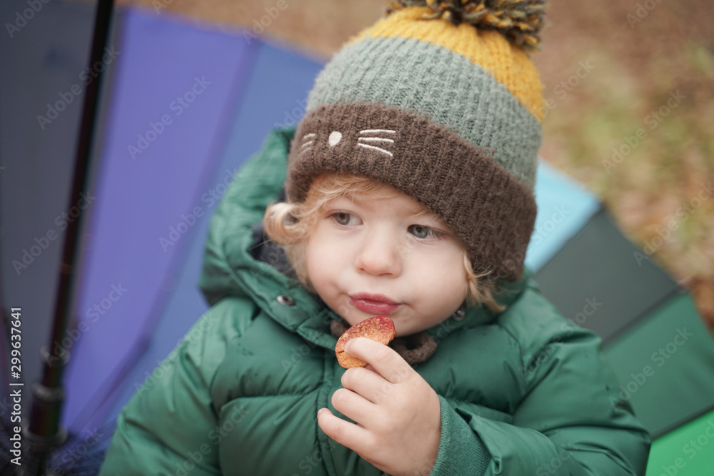 little child eat cookie with a colored rainbow umbrella in the Park. 2 year old baby in autumn little child eat cookie with a colored rainbow umbrella in the Park. 2 year old baby in autumn