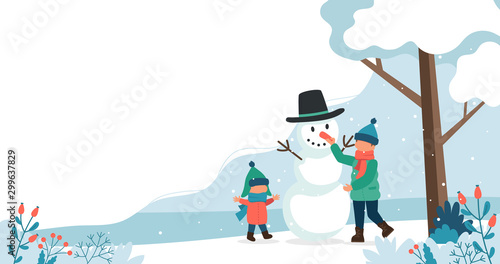 Children making a snowman in winter. Cute vector illustration in flat style.