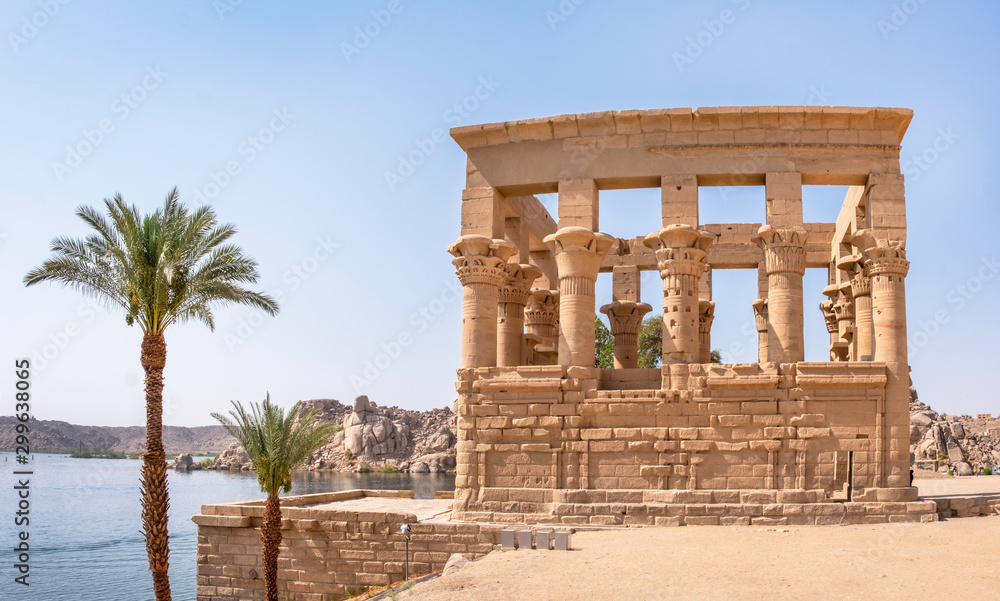 Trajan kiosk at Philae Temple near Aswan (also called the Temple of Isis) overlooking the river Nile, Egypt