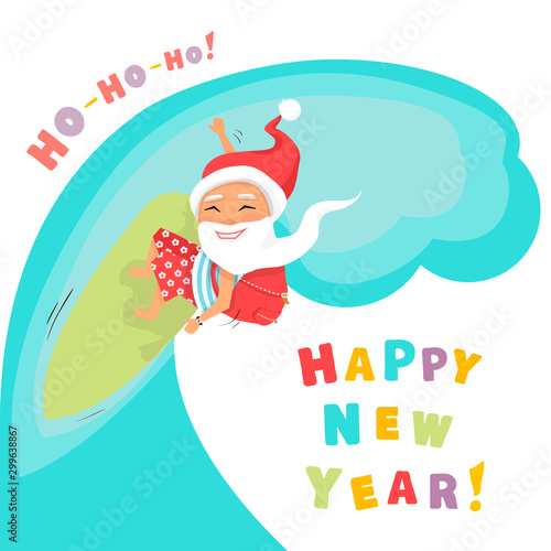 Santa Claus surfing with gifts
